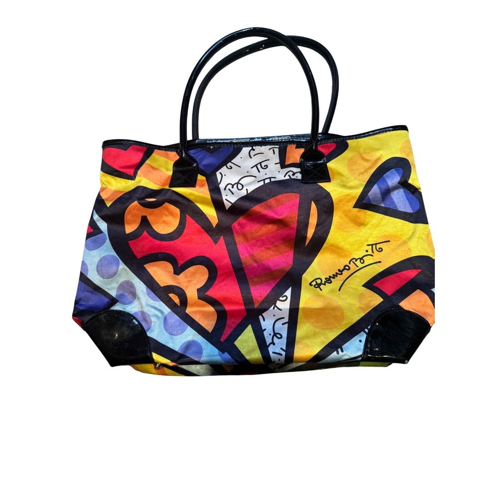 Romero Britto Tote Bag Large Colorful Hearts Pop Art Patent Handle Shoulder Bag
